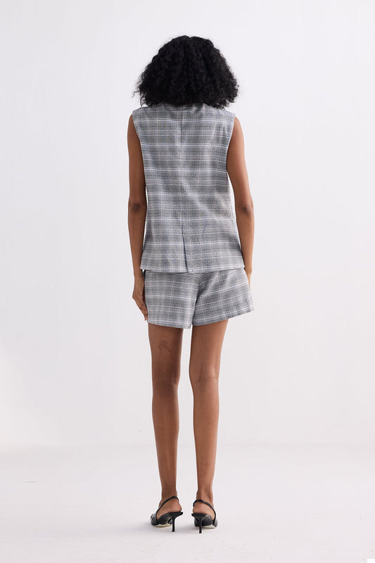 Cotton Tweed Vest Jacket Set in Grey Back