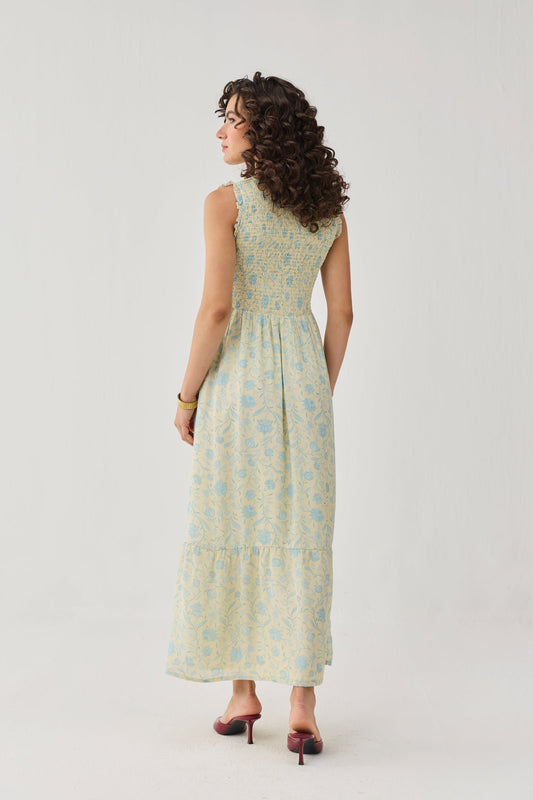 The Smocked Maxi Dress in Yellow Florals