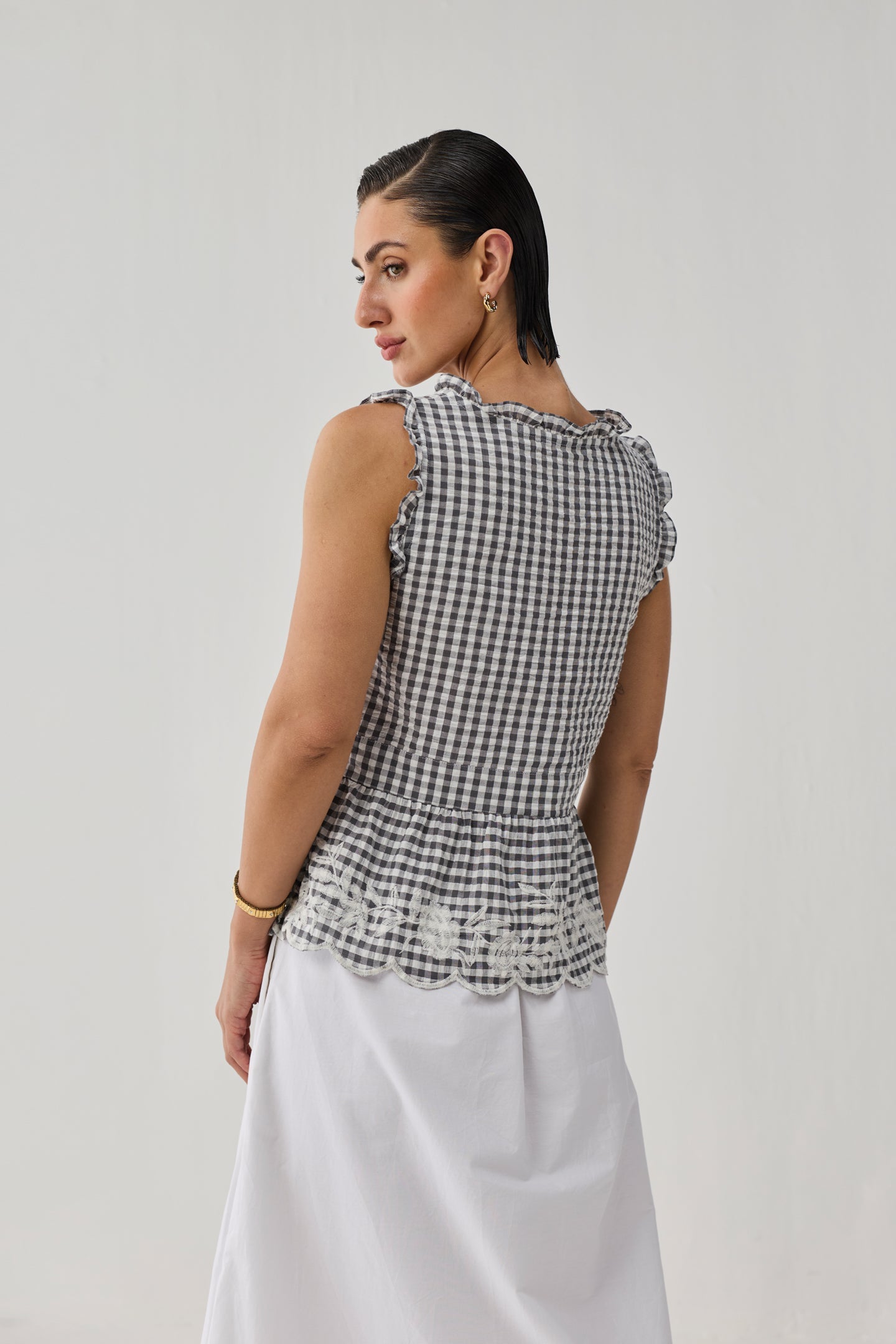 Embroidered Peplum Top in Grey Check