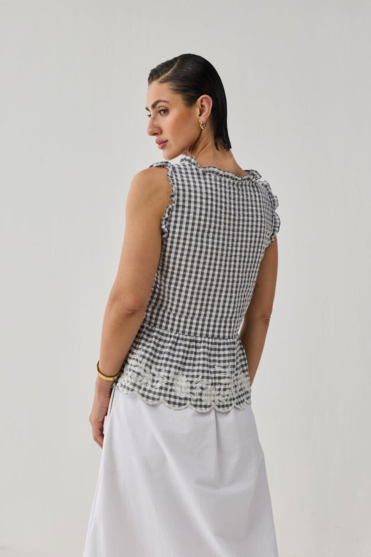 Embroidered Peplum Top in Grey Check
