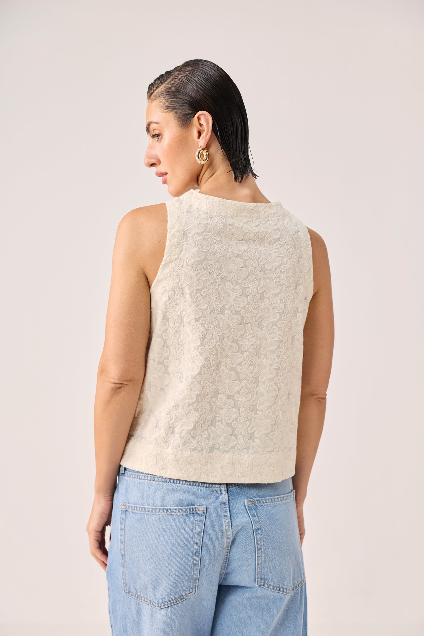 Embroidered Button Front Neck Top in Cream