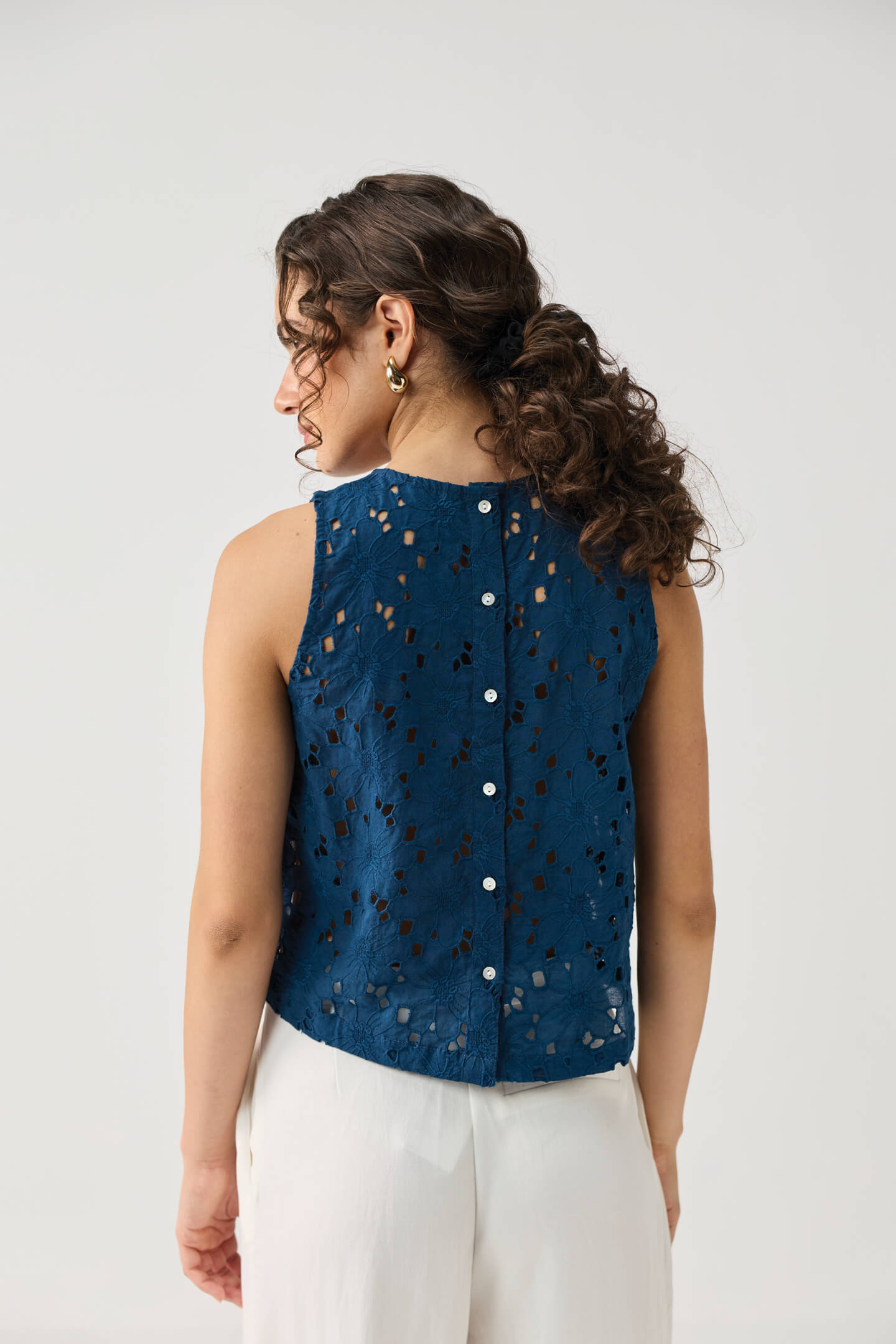 The Embroidered Button Back Top in Blue