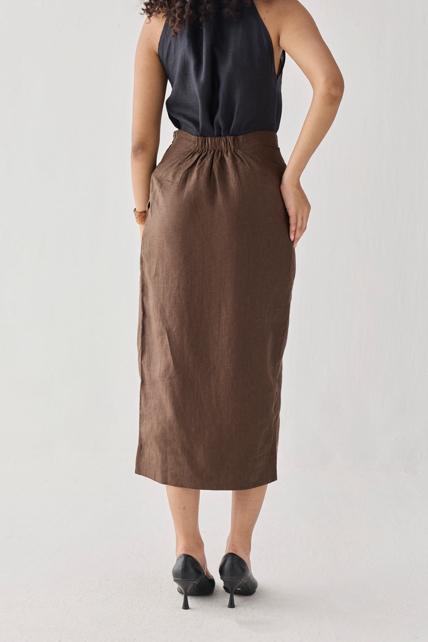 Fitted Overlap Midi Skirt in Brown