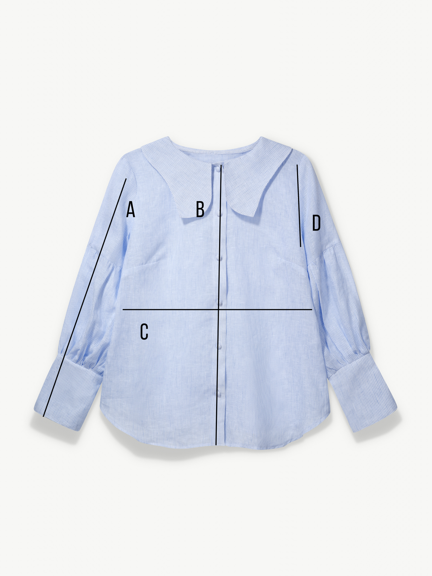 Light blue shirt with black lines and labeled points on a white background