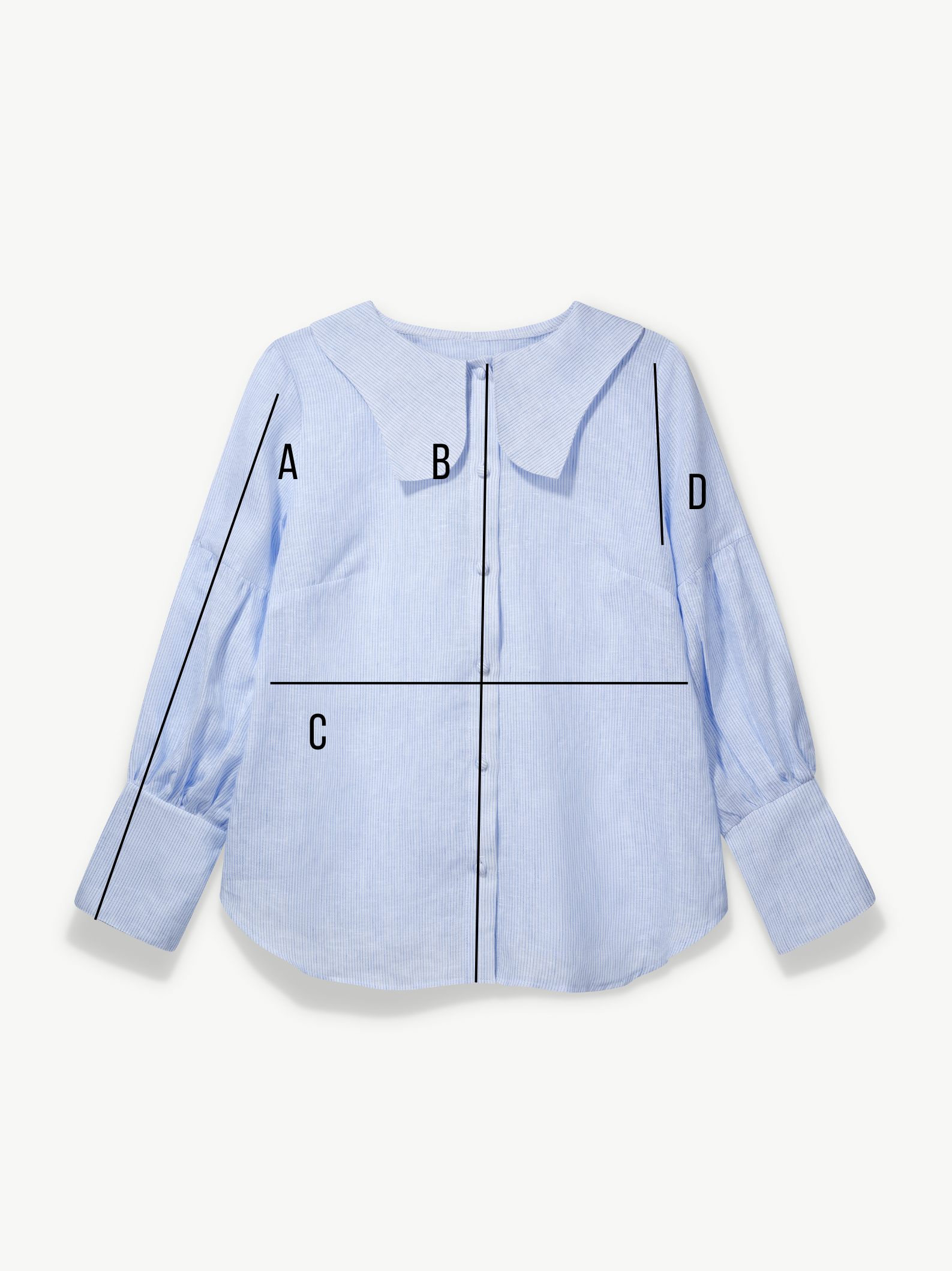 Light blue shirt with black lines and labeled points on a white background