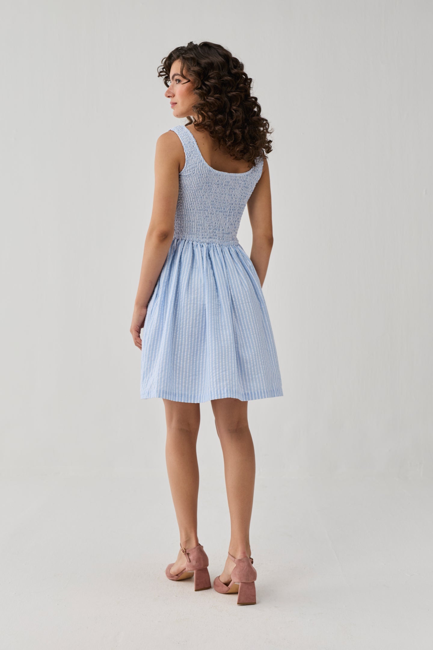 Smocked Short Dress in Blue Stripes