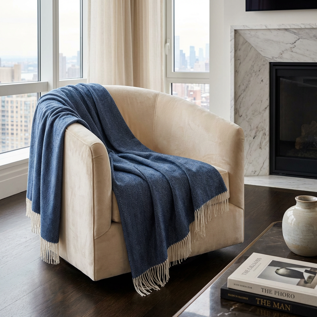 Southampton Home Merino Wool Herringbone Throw - Classic Navy