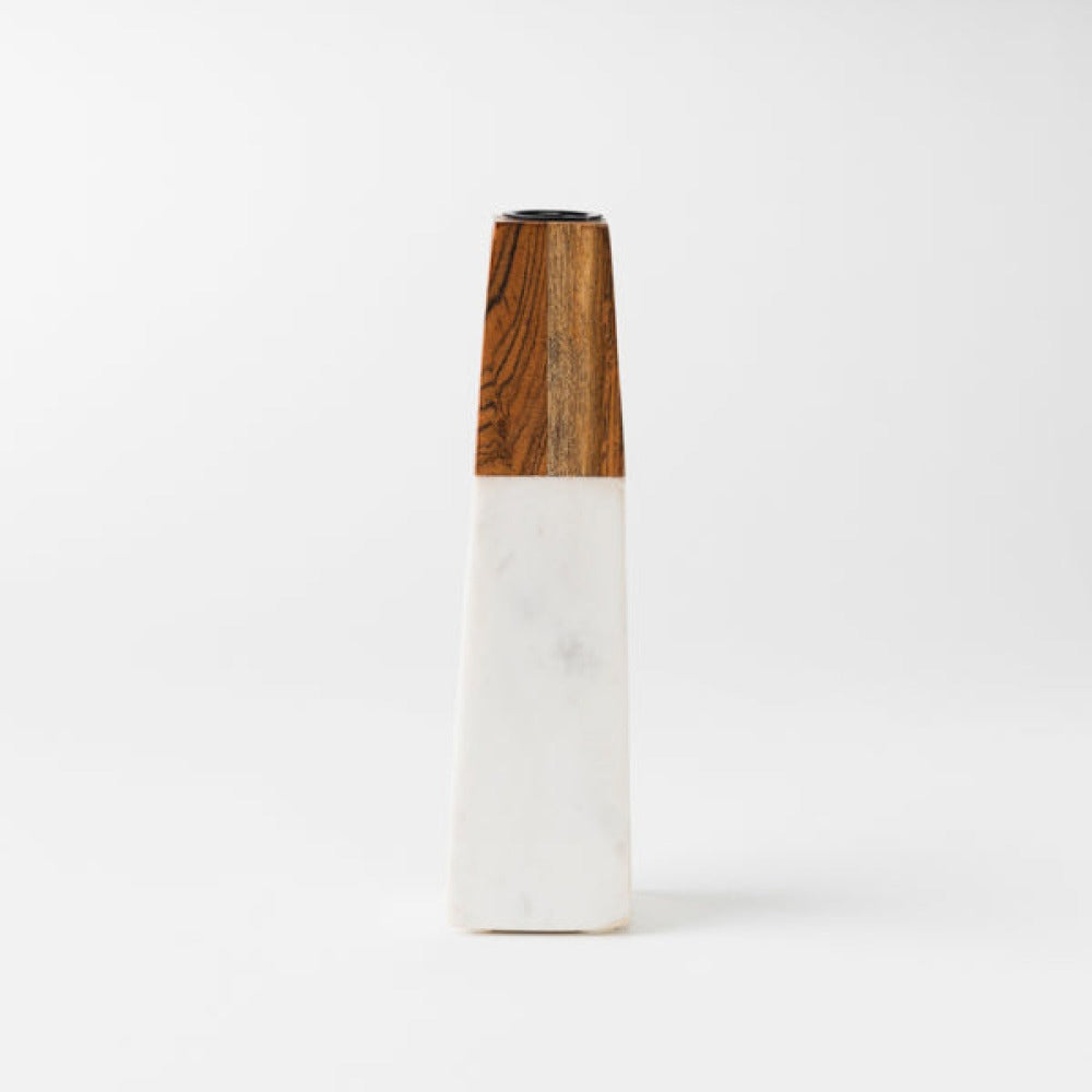 Tapered Marble & Acacia Candleholder