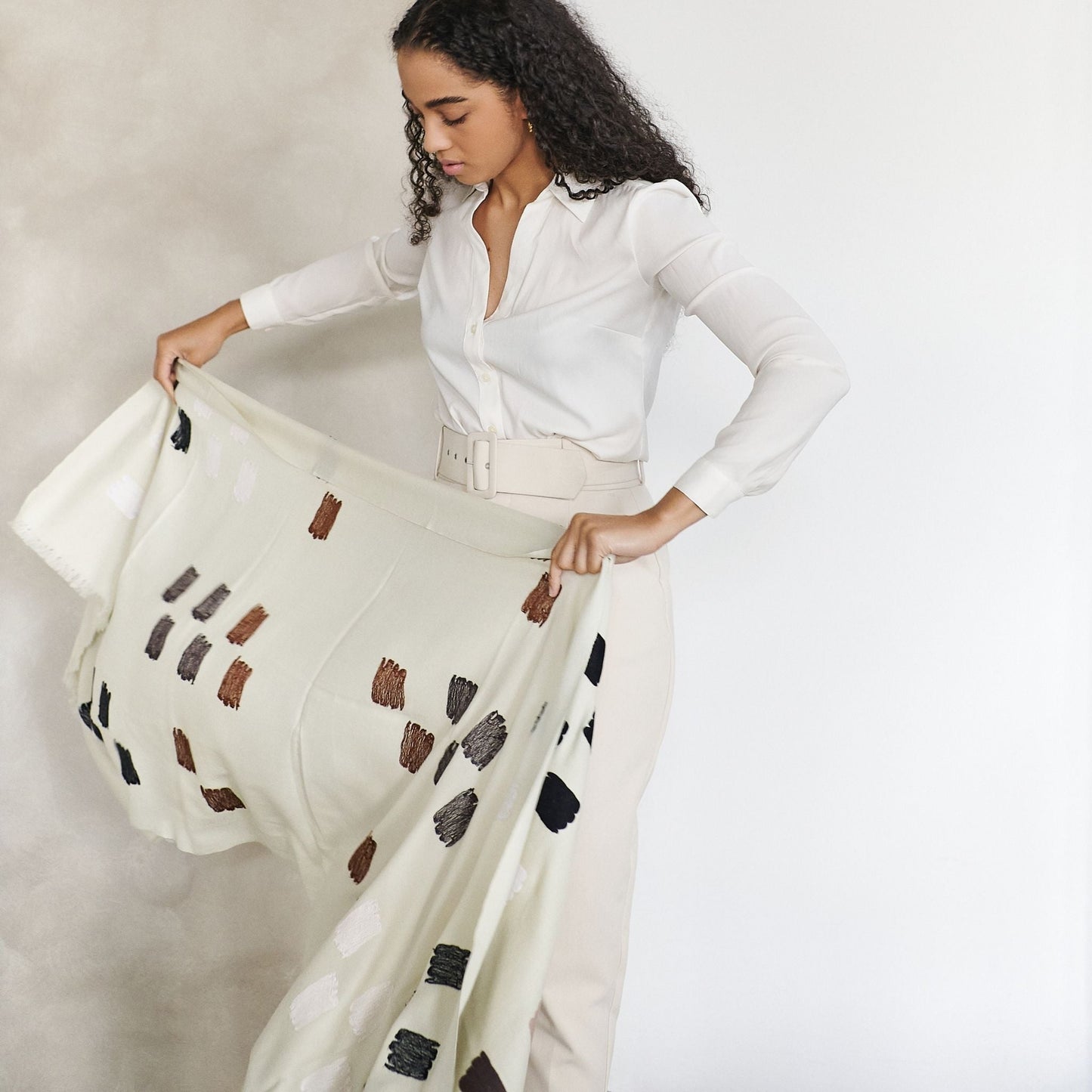 Off White Dahlia Hand Embroidered Hand Woven Modern Artisanal Scarf