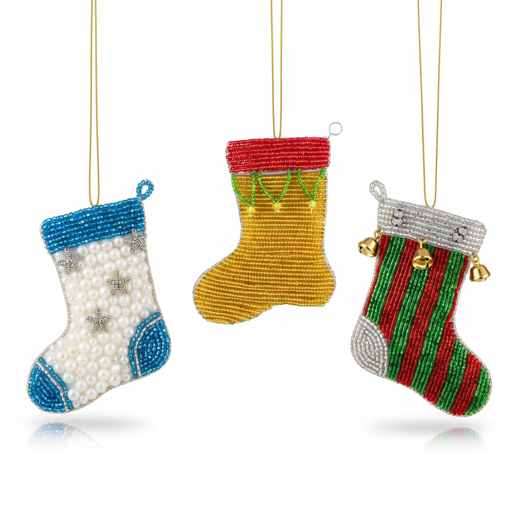 Handmade Beaded Christmas Stocking Ornament – Haitian Artisan Holiday Décor. (Set of 3)