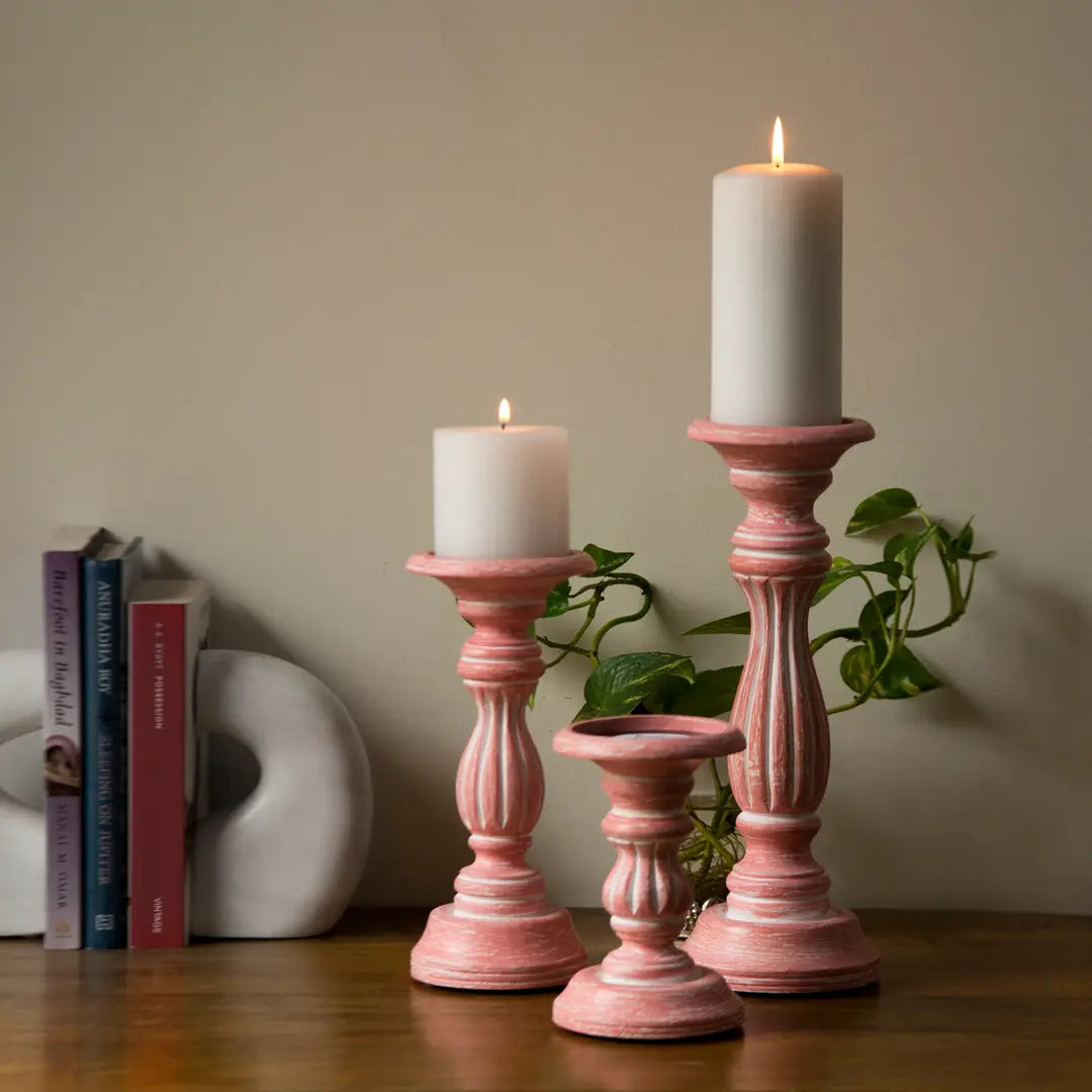 Rose Reverie Mango Wood Pillar Candleholders – Pink Set of 3