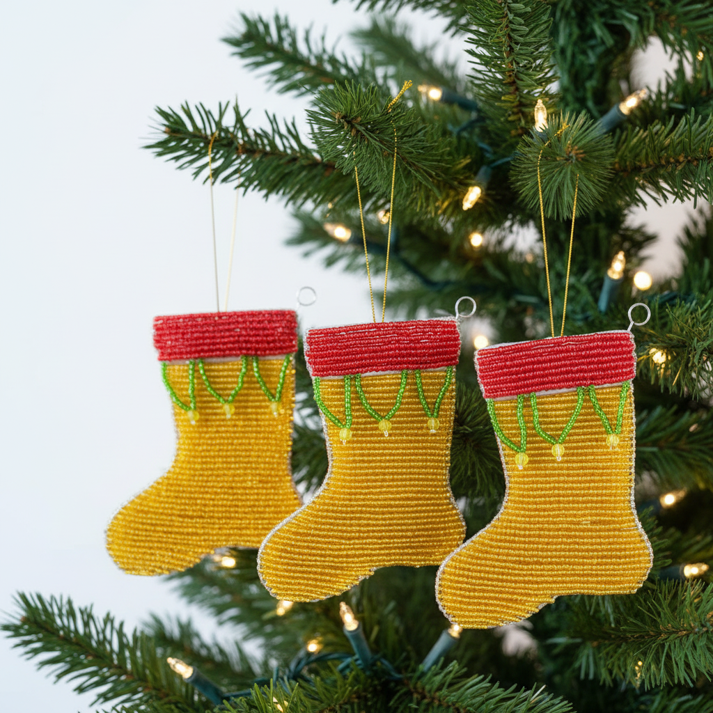 Handmade Beaded Christmas Stocking Ornament – Haitian Artisan Holiday Décor. (Set of 3)