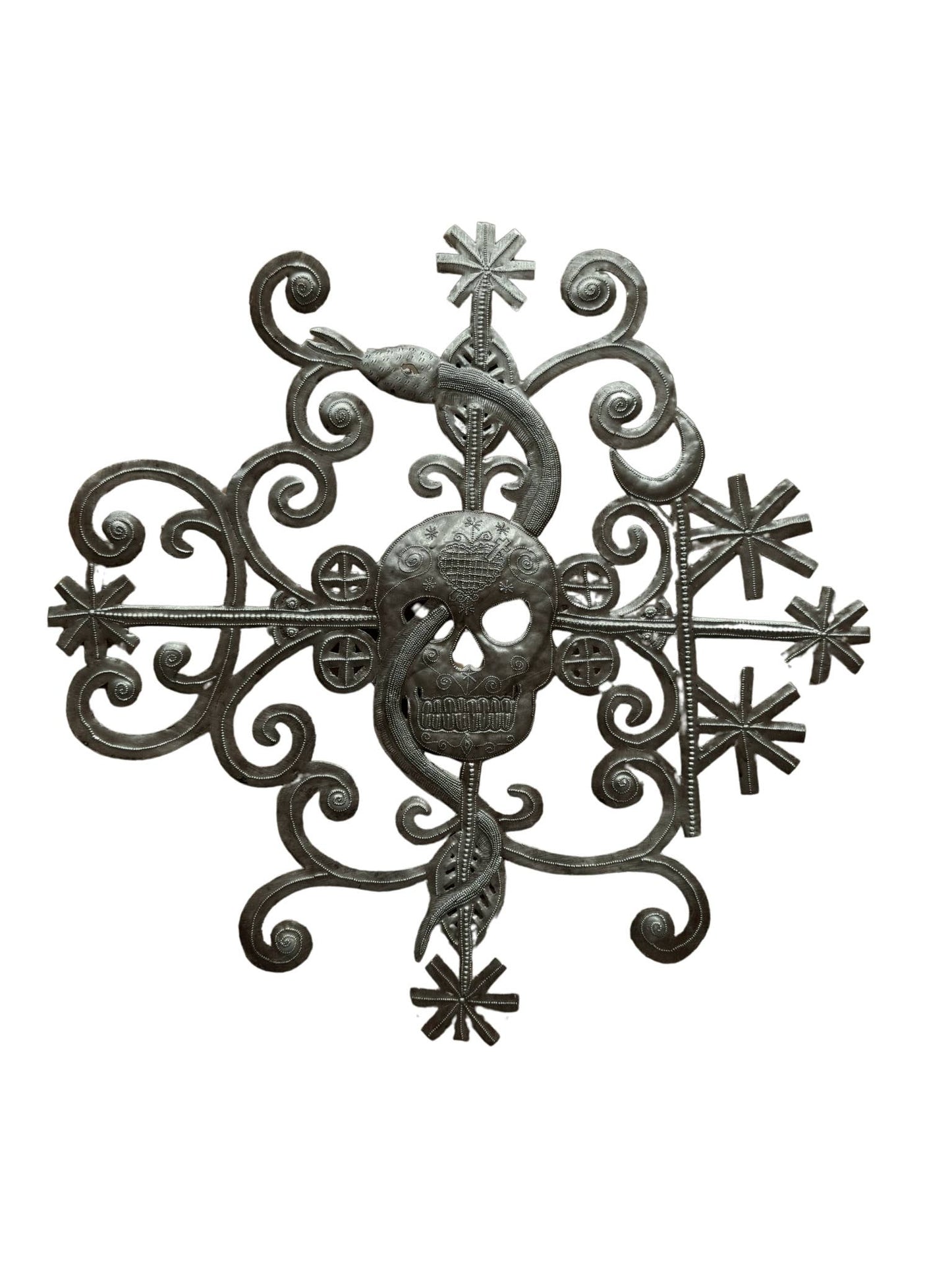 Skull Skeleton with Snake, Voodoo Haitian Metal Art