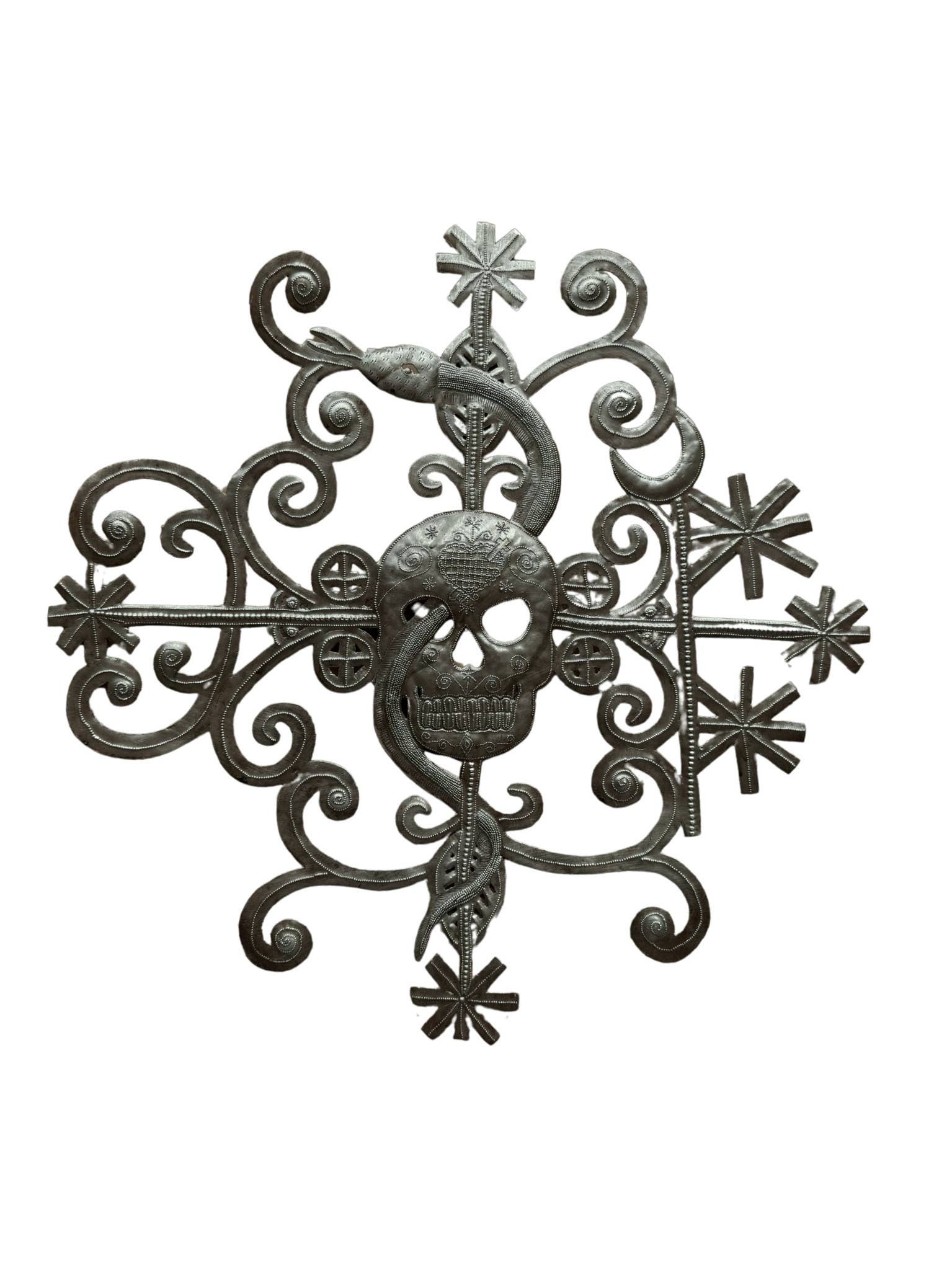 Skull Skeleton with Snake, Voodoo Haitian Metal Art
