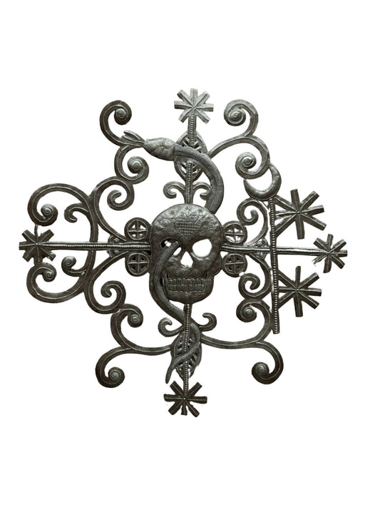 Skull Skeleton with Snake, Voodoo Haitian Metal Art
