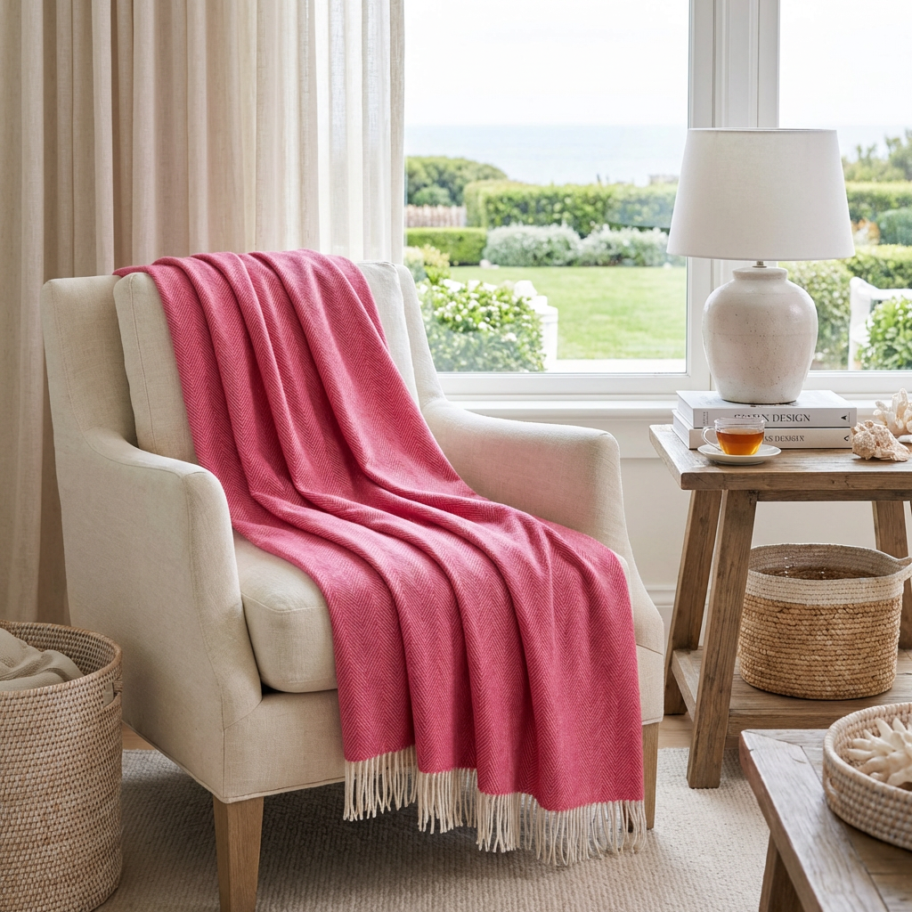 Southampton Home Merino Wool Herringbone Throw - Pink