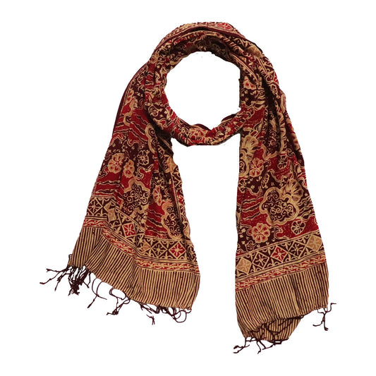 Handmade Batik Scarf, Soft Cotton, Sunlit Garden, Red Burgundy
