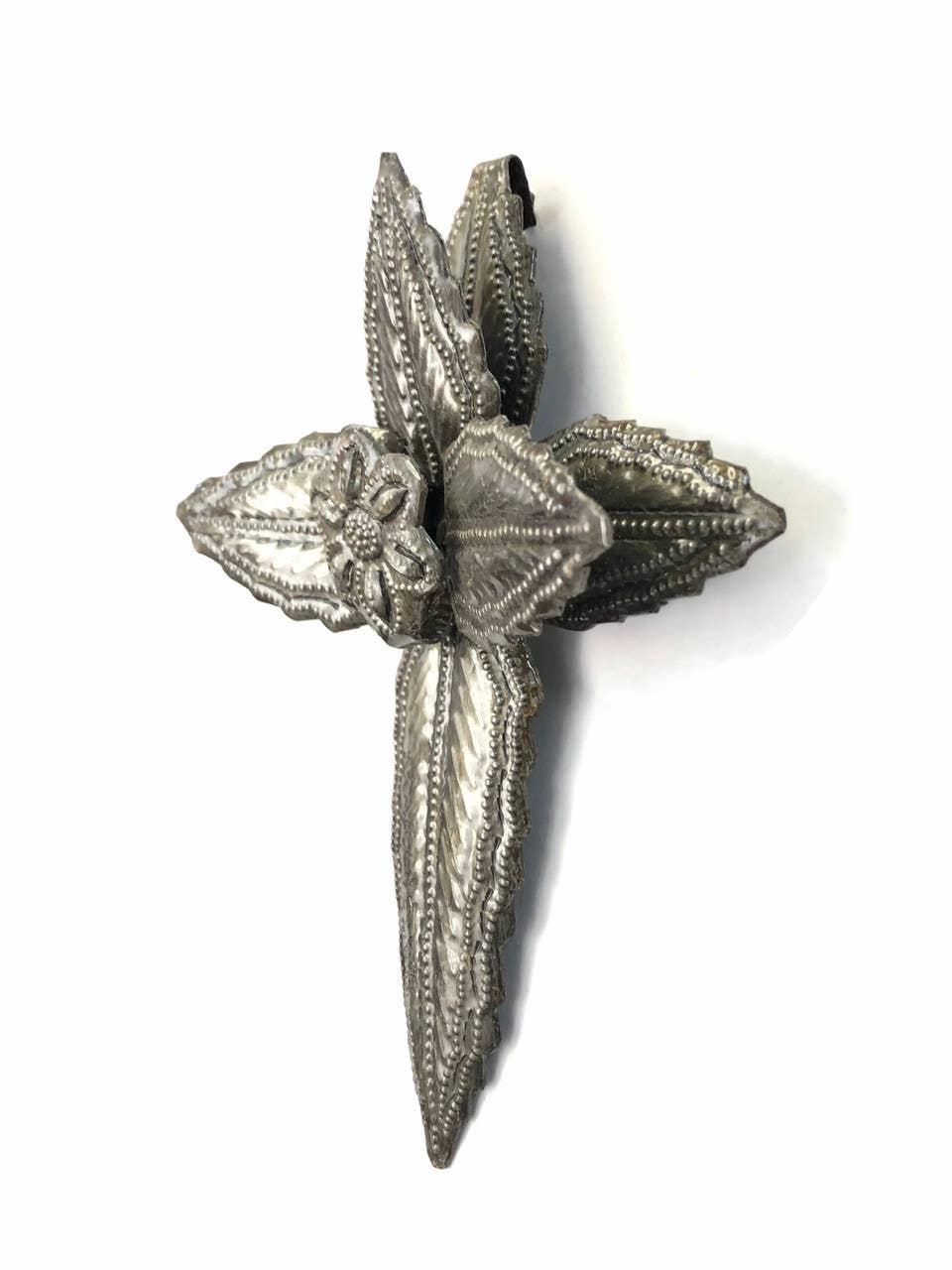 Handmade Haitian Metal Wall Cross 6 " x7" w/ Center Flower