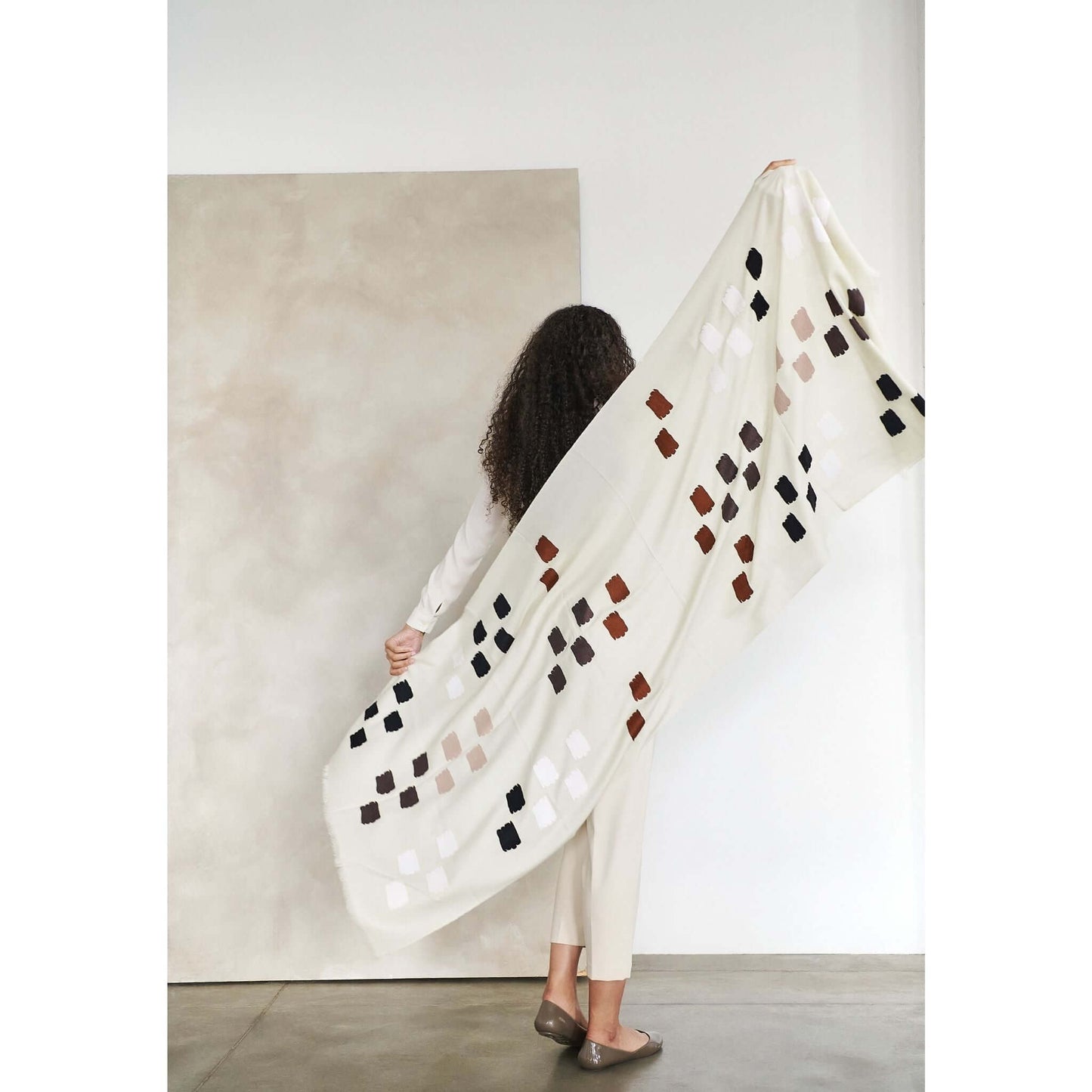 Off White Dahlia Hand Embroidered Hand Woven Modern Artisanal Scarf