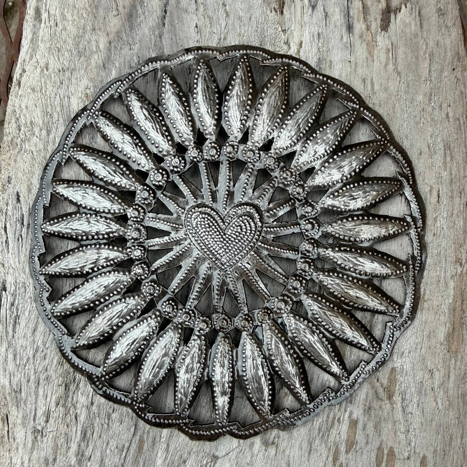 Haitian Metal Floral Heart Wall Art 5x5 Hand Chiseled Recycl