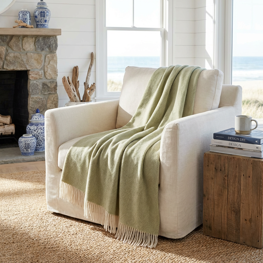 Southampton Home Merino Wool Herringbone Throw - Celery
