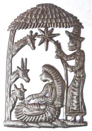Haitian Metal Art Nativity in the Stable — Handmade