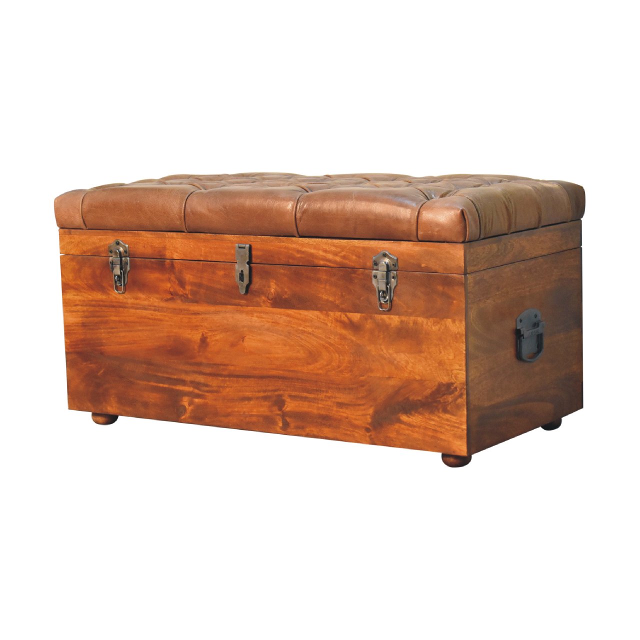 Solid Wood Buffalo Leather Upholstered Hide Chestnut Storage Trunk