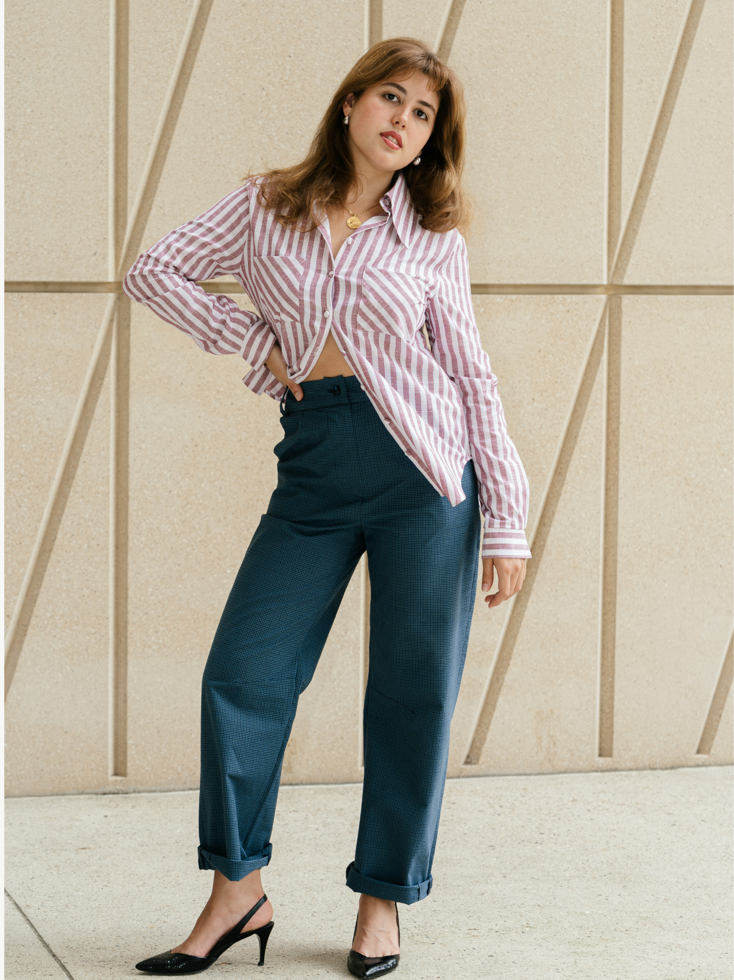 Sculpt Leg Trousers Cotton Blue Check – Bernadette | No More Nobody