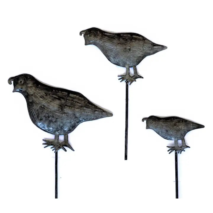 Set/3 Quail Garden Stakes, Yard Art, Handmade Fair-trade