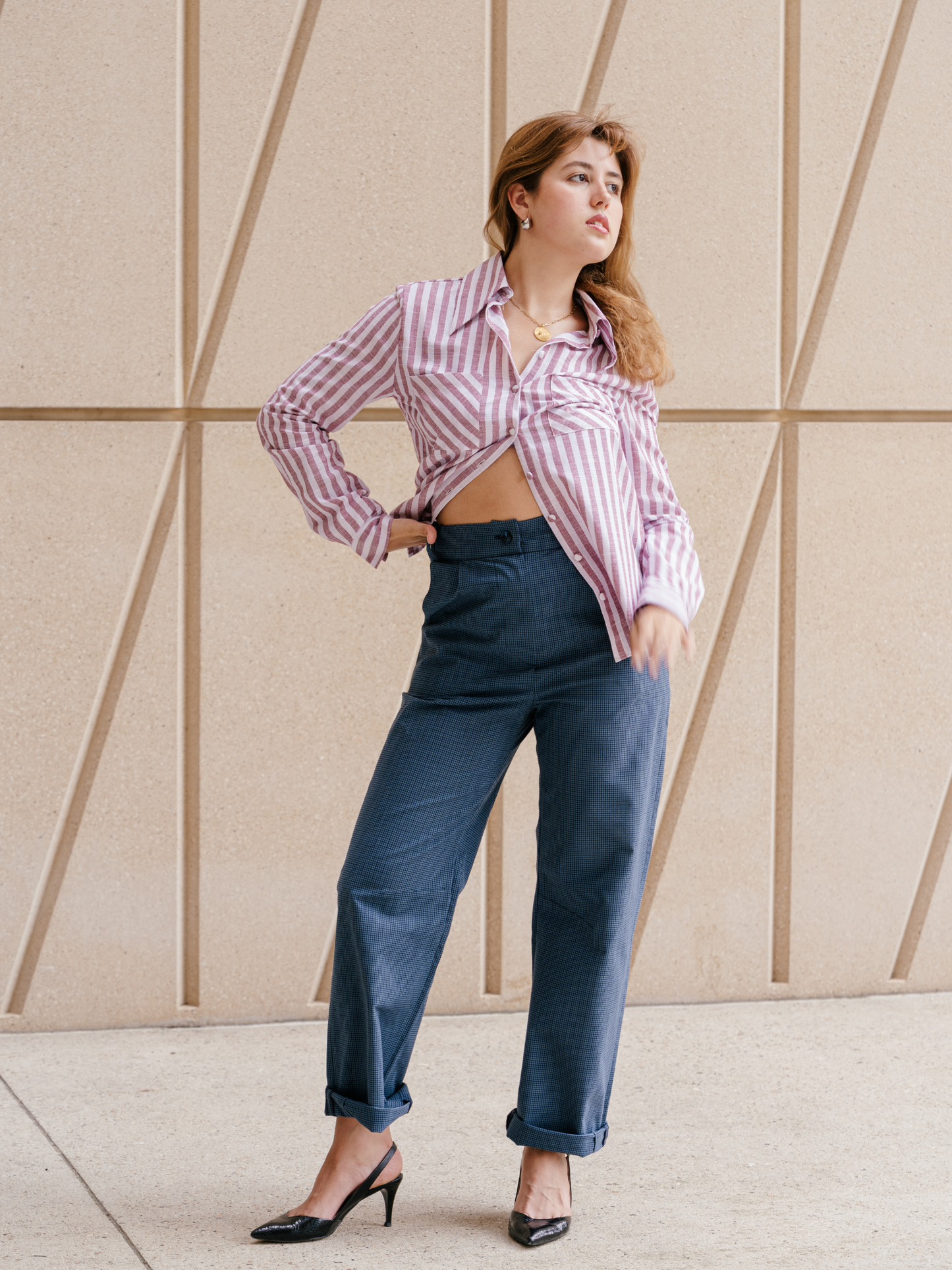 Sculpt Leg Trousers Cotton Blue Check – Bernadette | No More Nobody