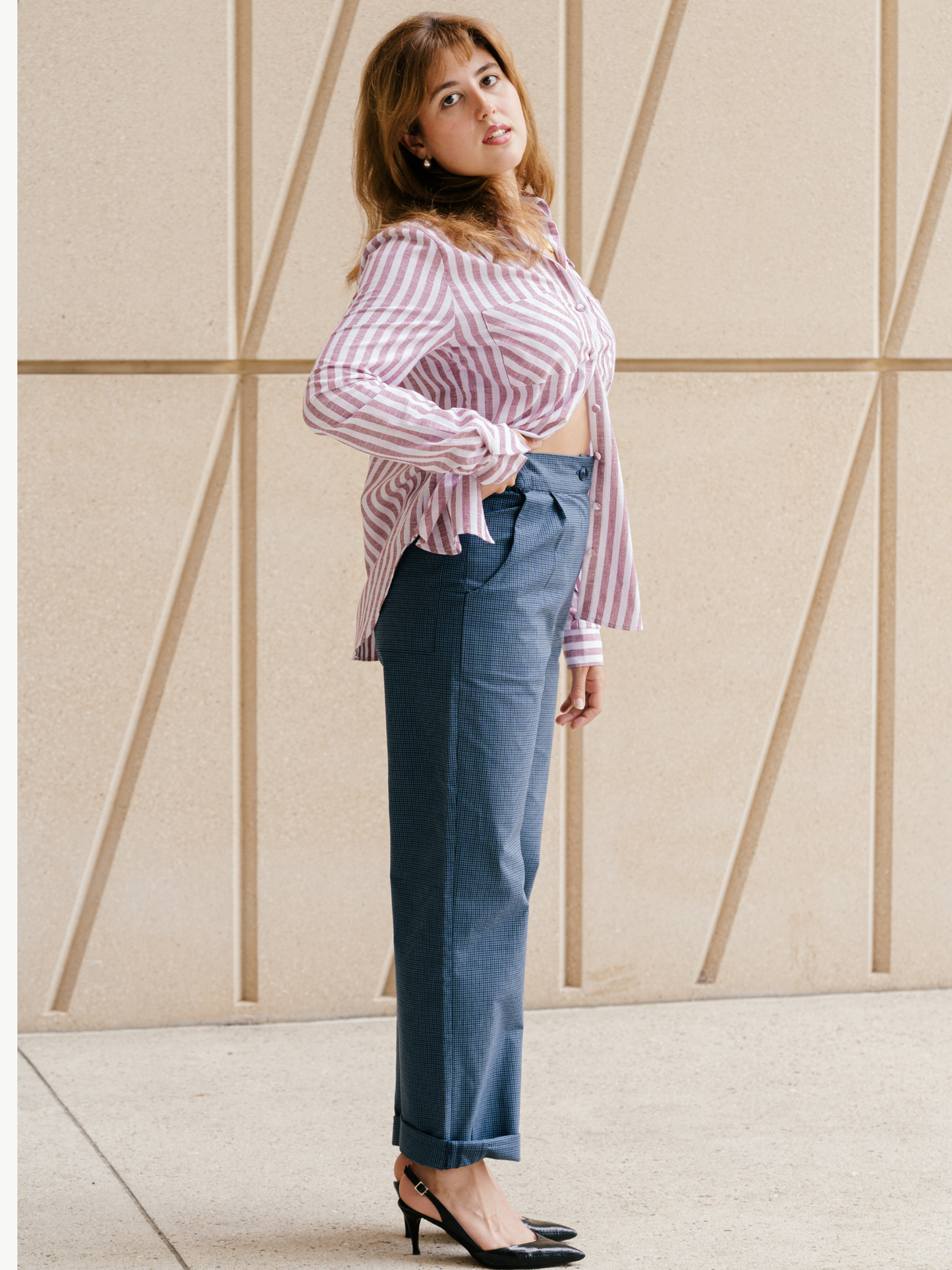 Sculpt Leg Trousers Cotton Blue Check – Bernadette | No More Nobody