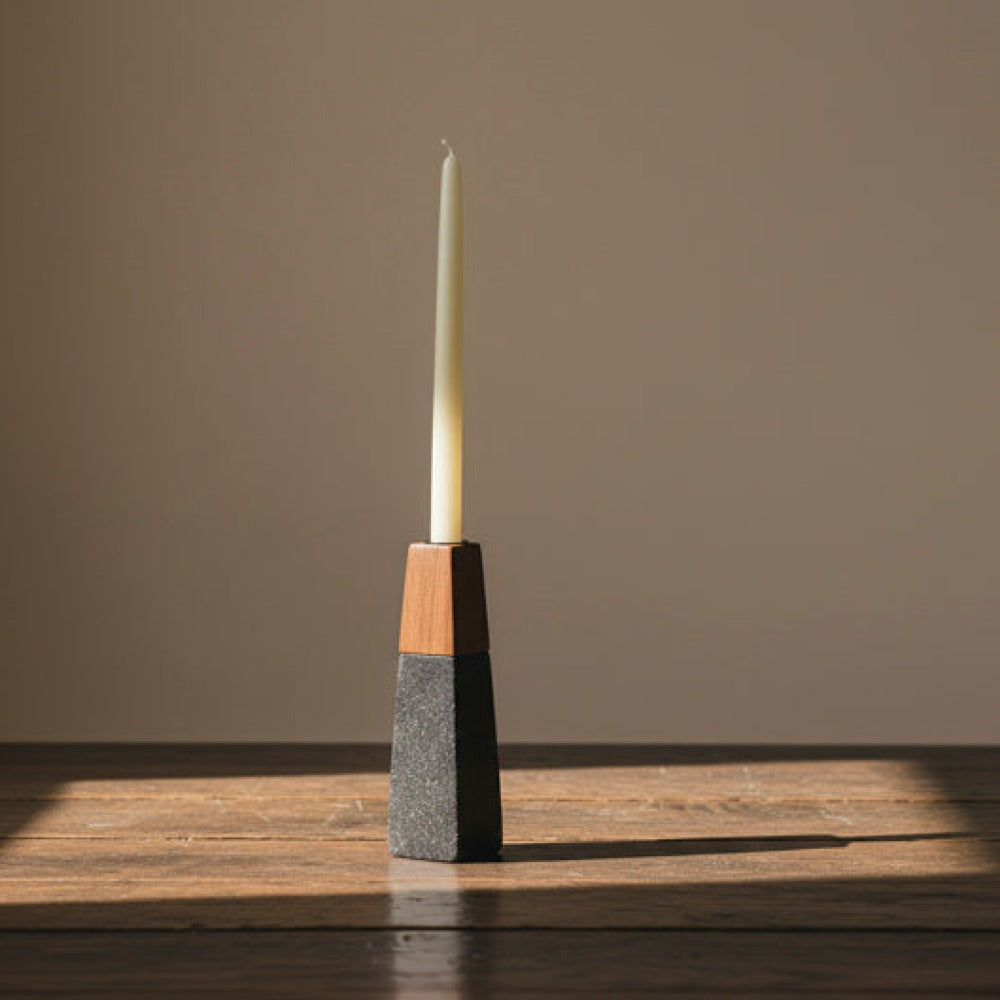 Tapered Marble & Acacia Candleholder