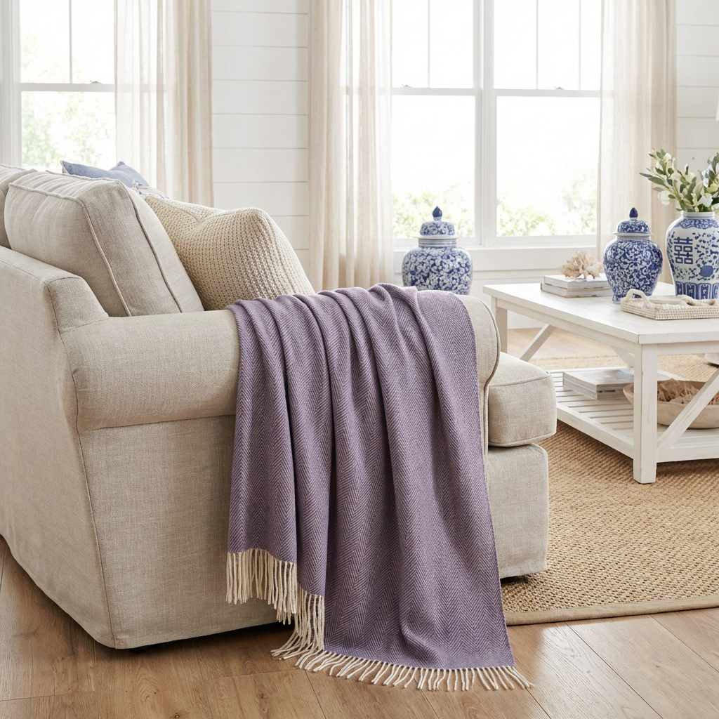 Southampton Home Merino Wool Herringbone Throw - Lavender