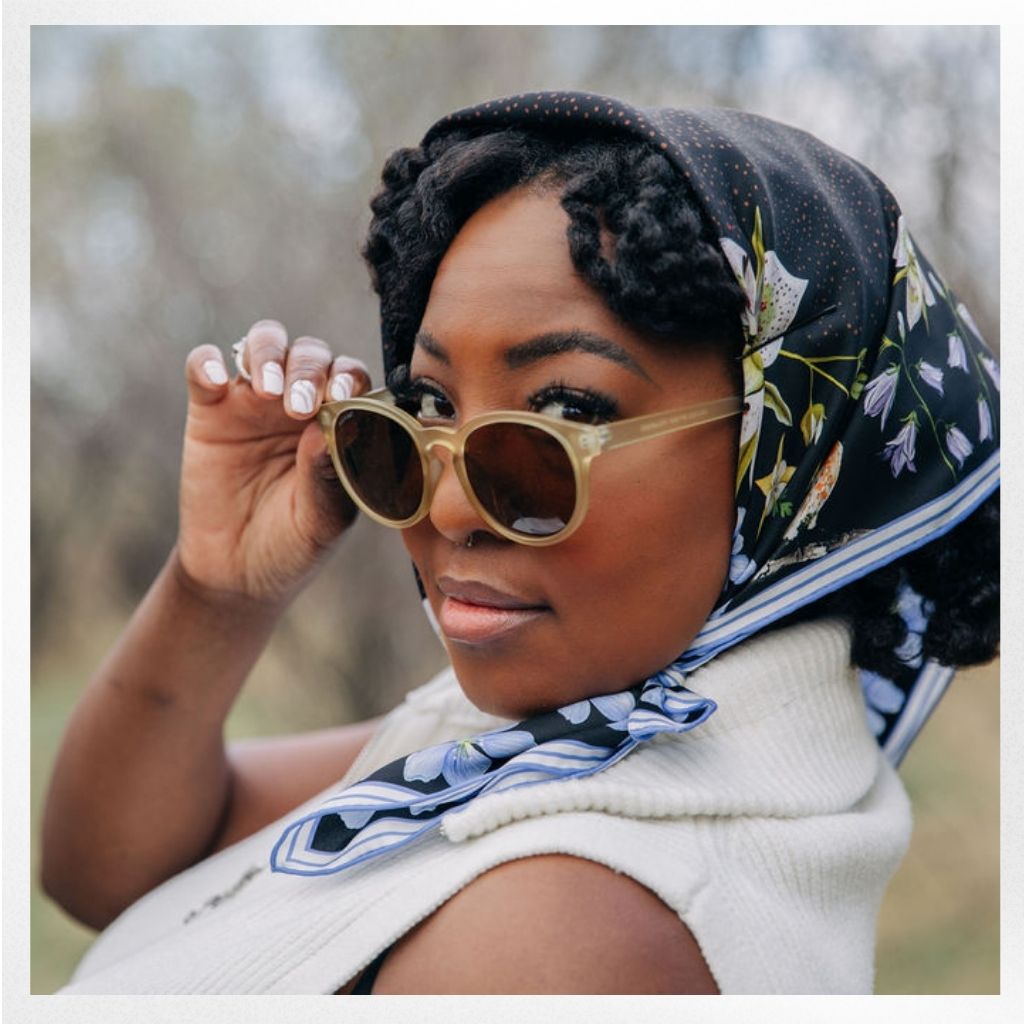 100% Silk Scarf: Black Gentian - Floral Bird Design
