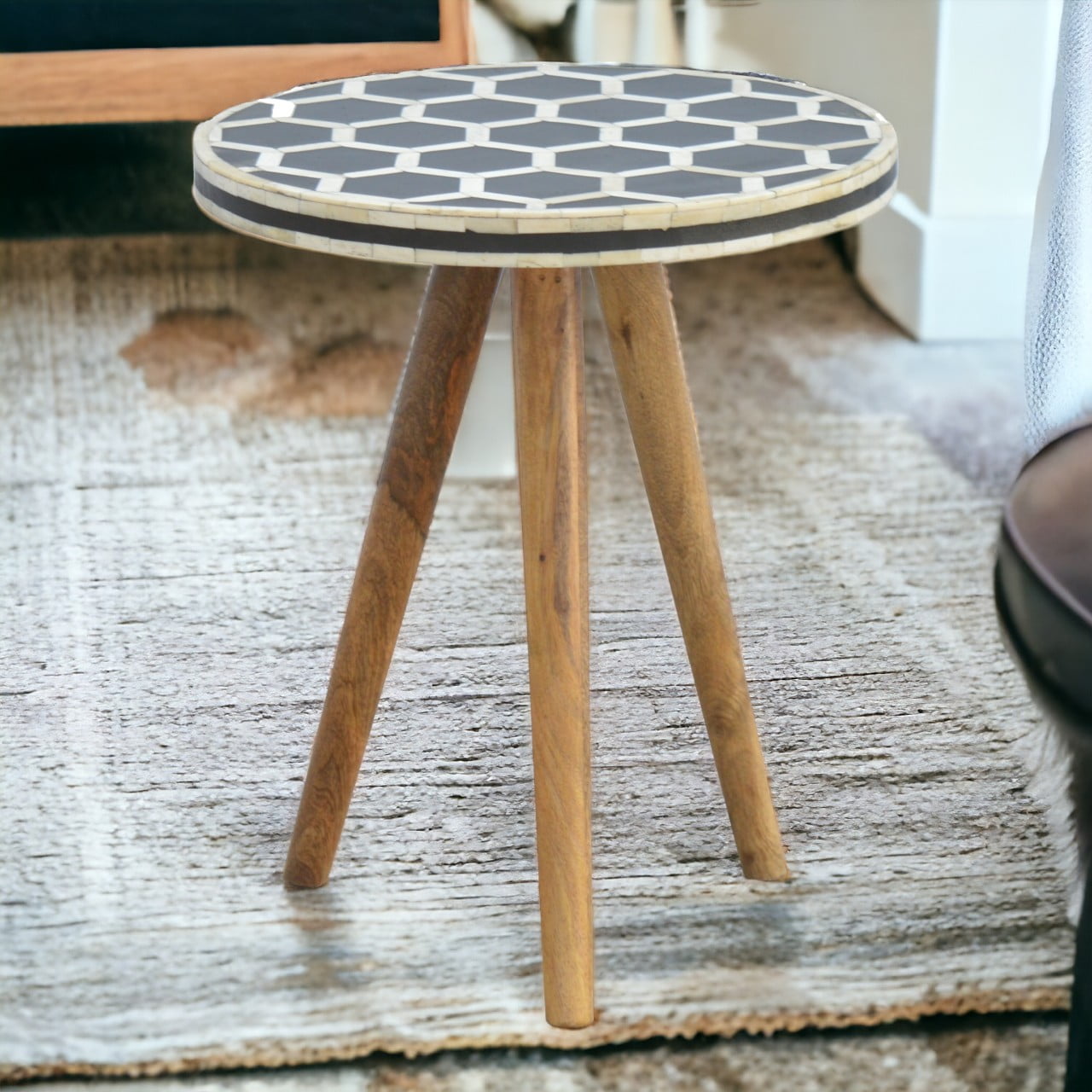 Solid Wood Bone Inlay Tripod Stool, Black and White