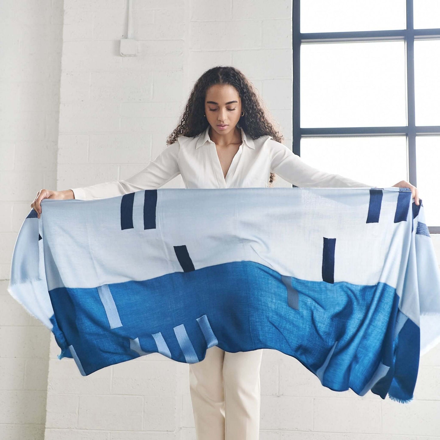 Harbor Blue Hand Embroidered Modern Artisanal Scarf