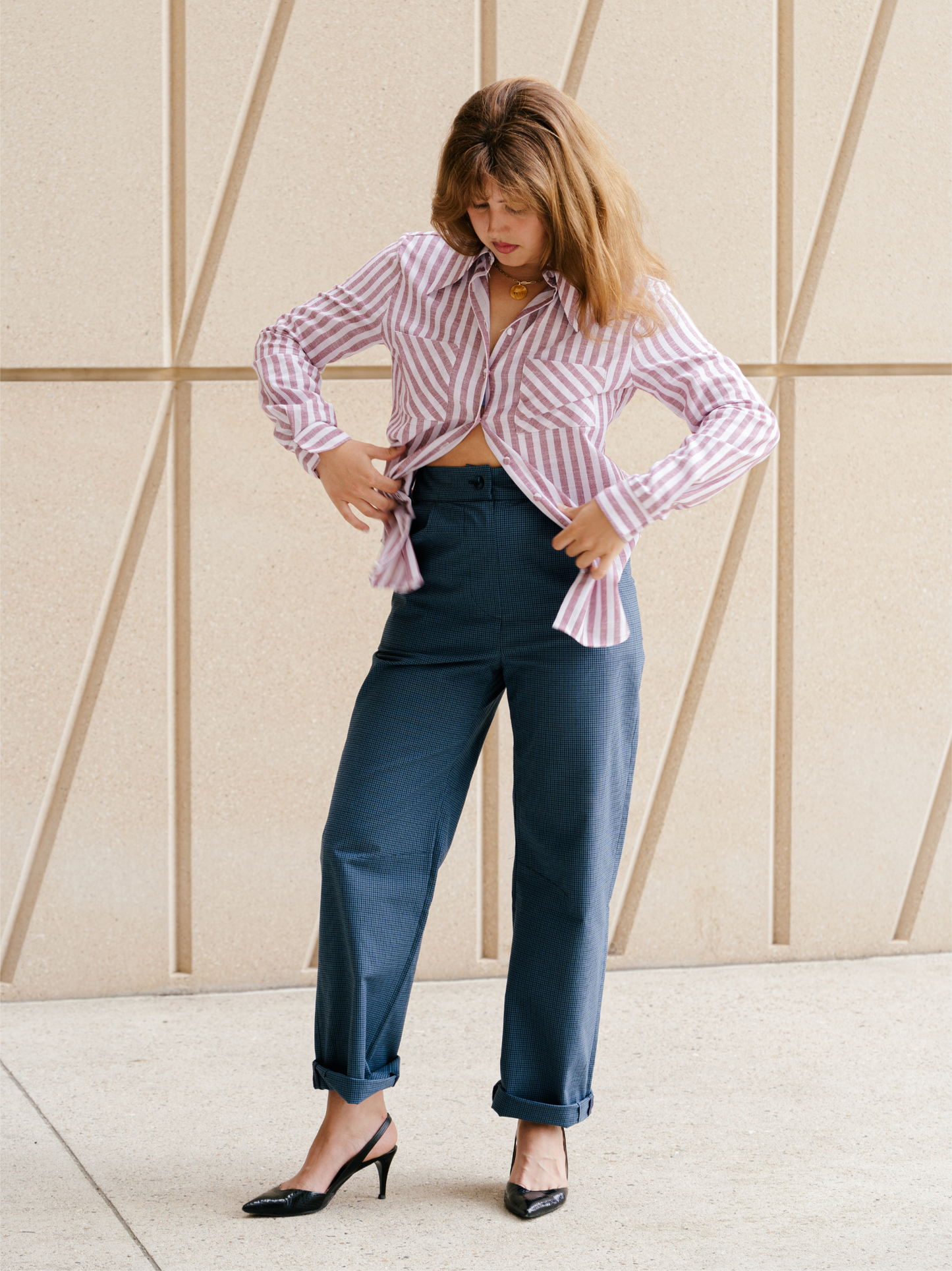 Sculpt Leg Trousers Cotton Blue Check – Bernadette | No More Nobody