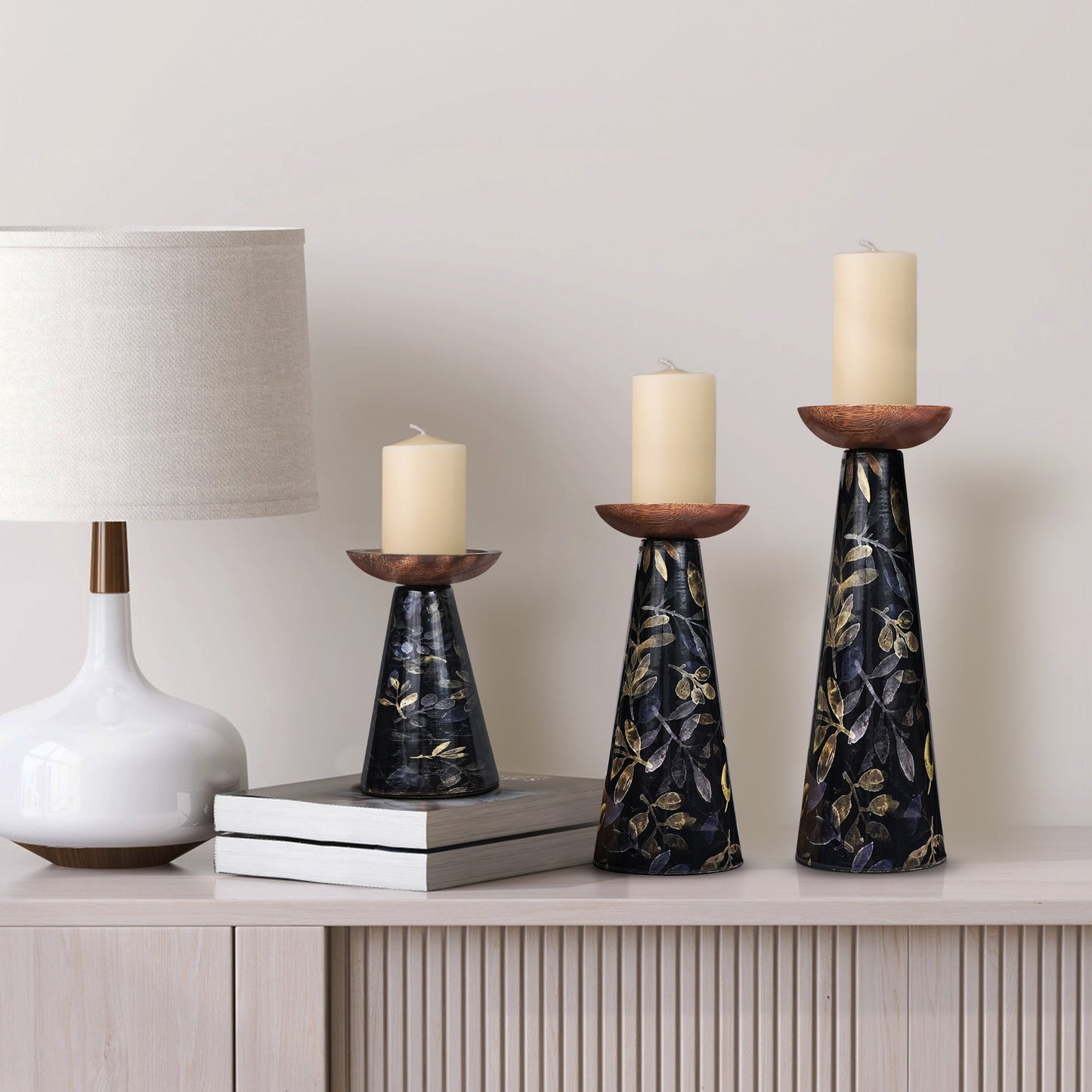 Moody Floral Mango Wood Pillar Candleholders – Black Set of 3
