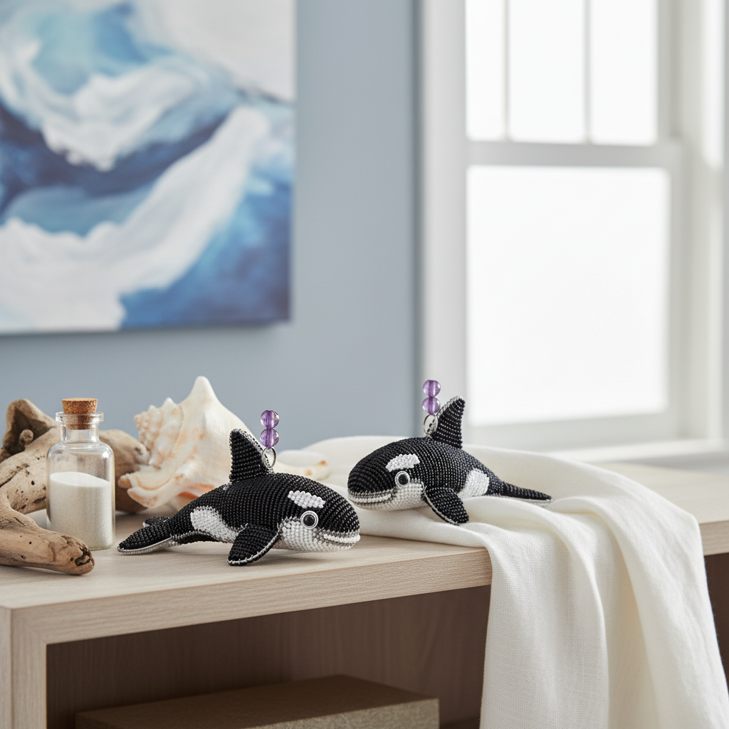 Orca Baby Beaded Figurine – Set of 2 | Handcrafted Glass & Acrylic Bead Sculpture