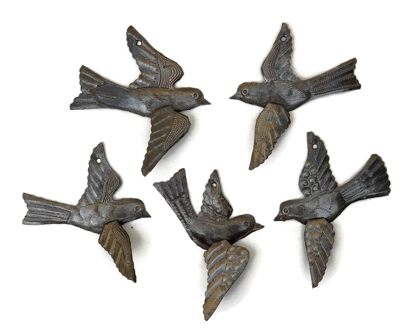 Bird Metal Wall Decor, Set of 5, 3D Wings, Small Hanging Birds 5" x 4.5"