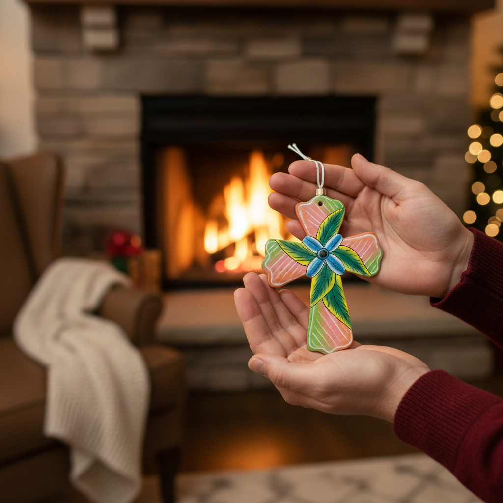 Painted Leaf Cross Ornament