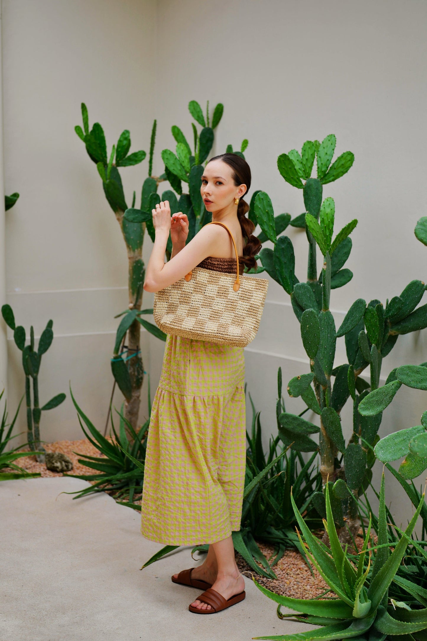 Lindsey Checker Raffia Tote