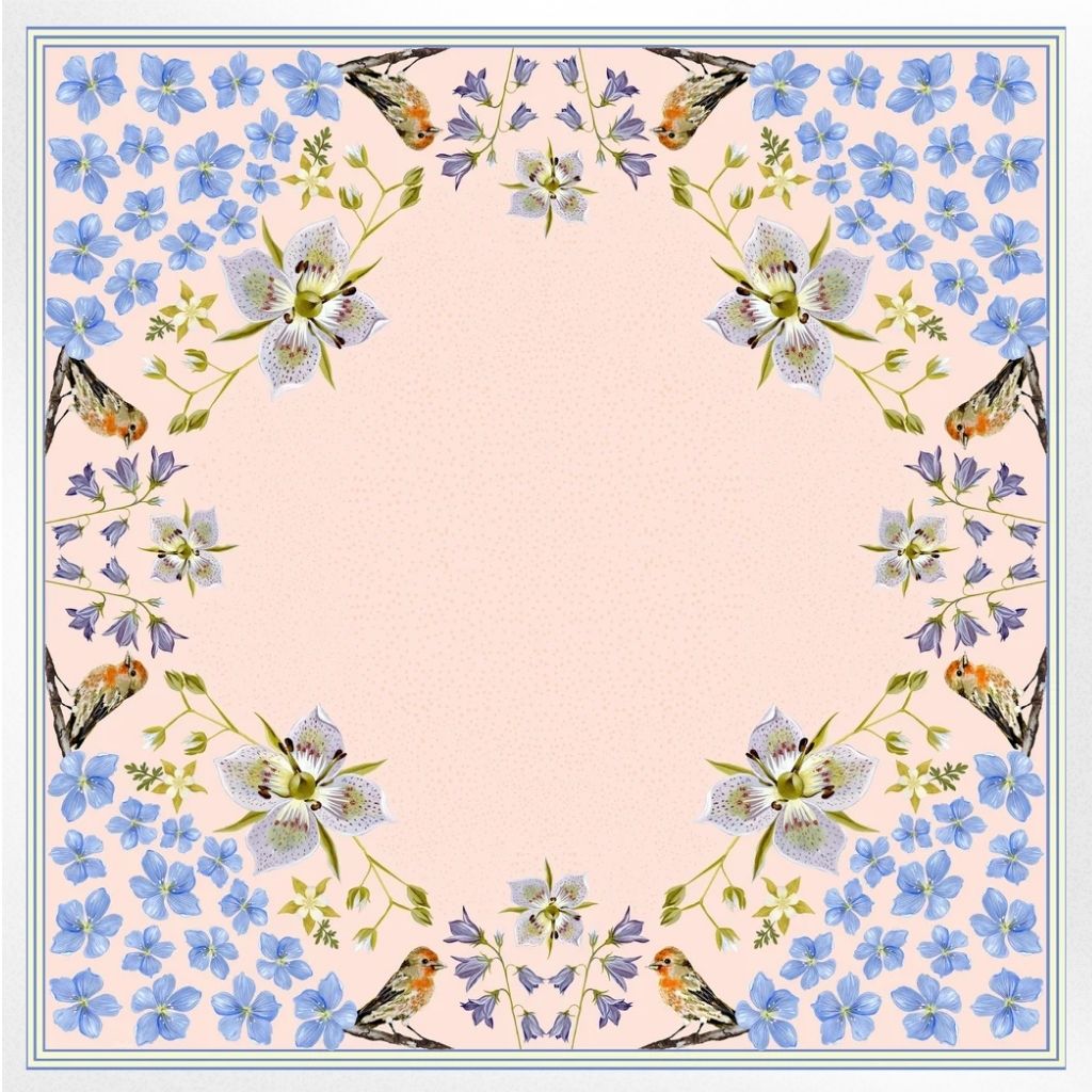 100% Silk Scarf: Pink Gentian - Wildflower Bird Design