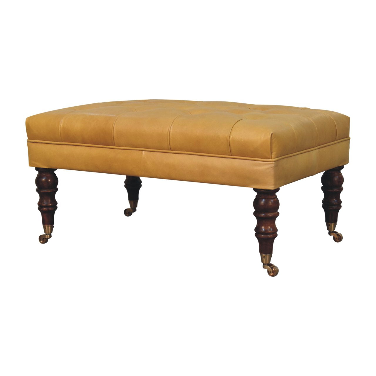 Solid Wood Honey Caramel Buffalo, Leather Ottoman with Castor Legs