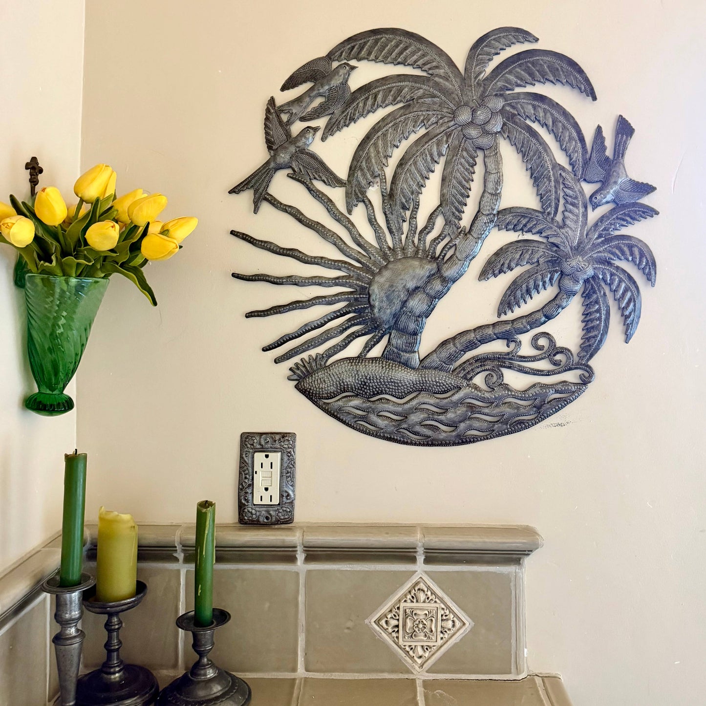 Haitian Tropical Palm Tree Metal Art, Birds Sun Fair Trade