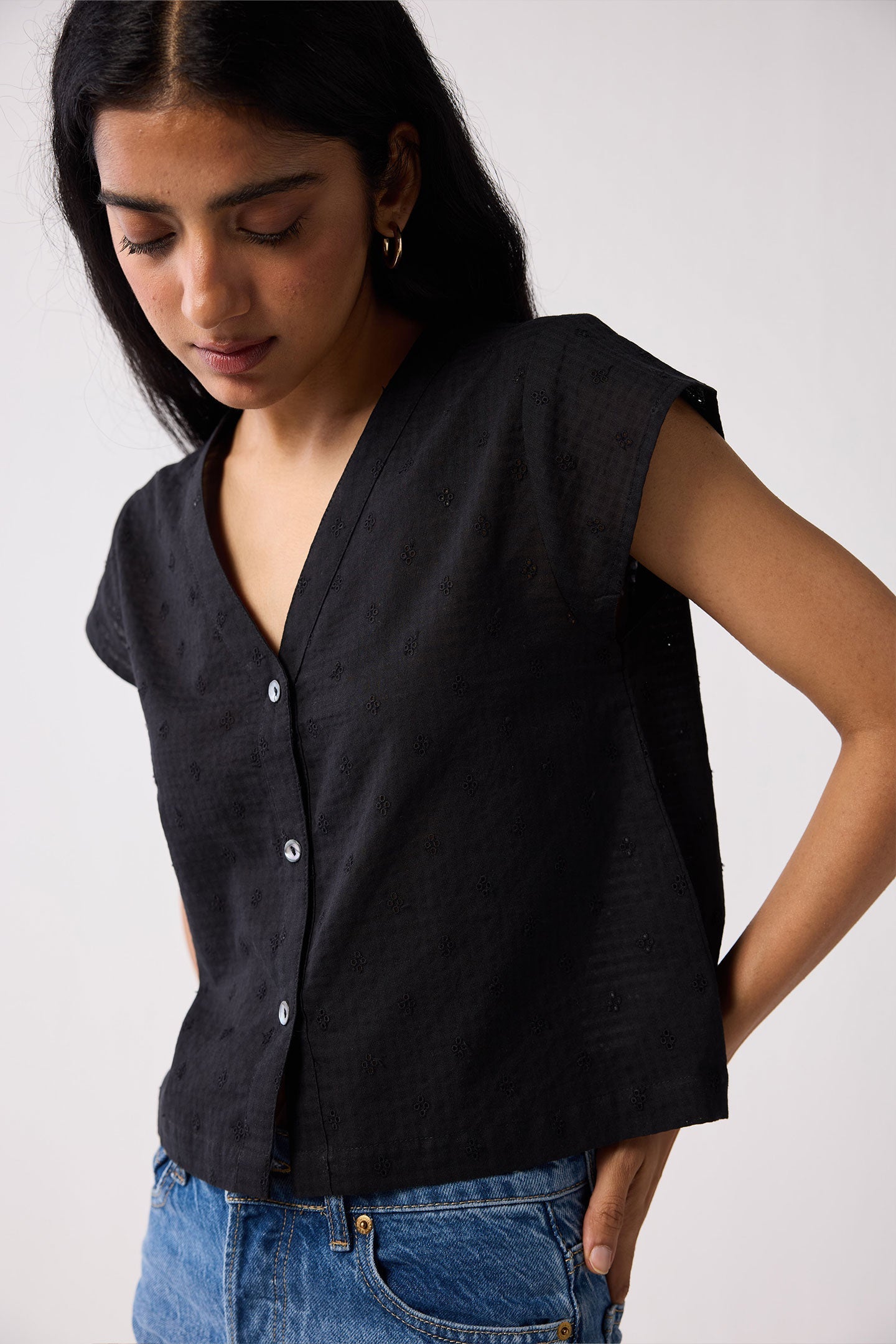 V-Neck Embroidered Top with Front Buttons in Black