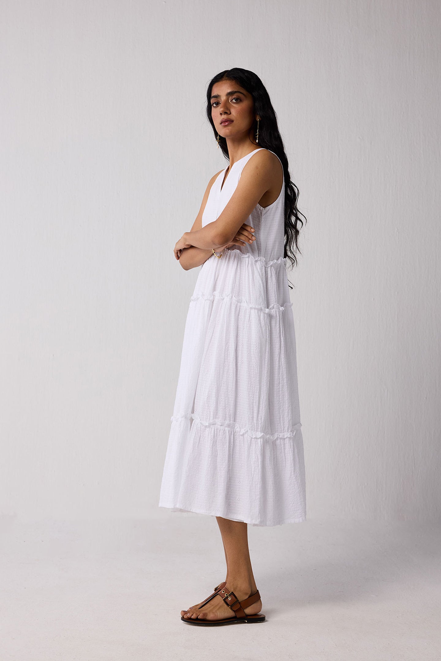 Embroidered Sleeveless Maxi Dress in White