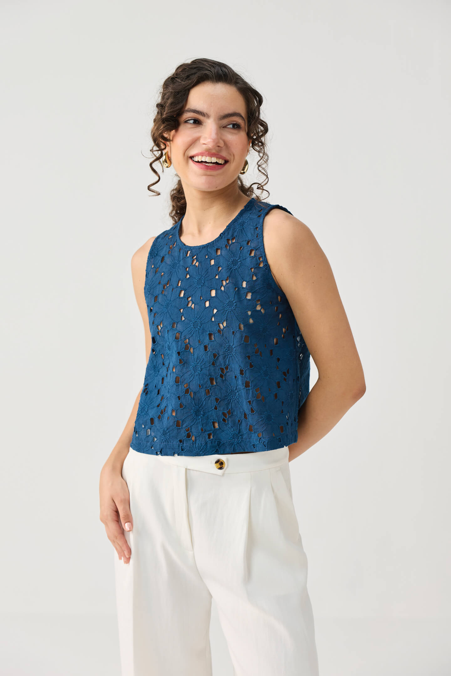The Embroidered Button Back Top in Blue