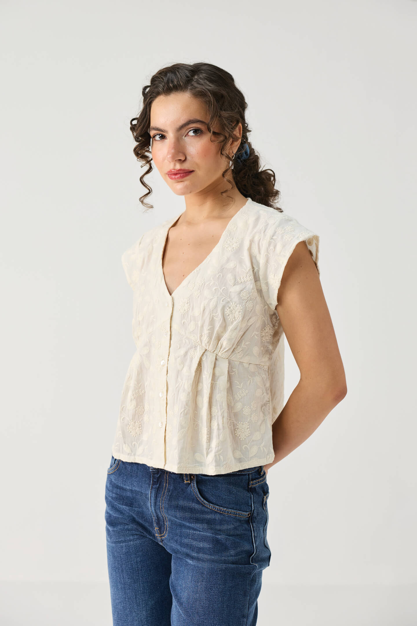 Embroidered Deep V Neck Top in Cream