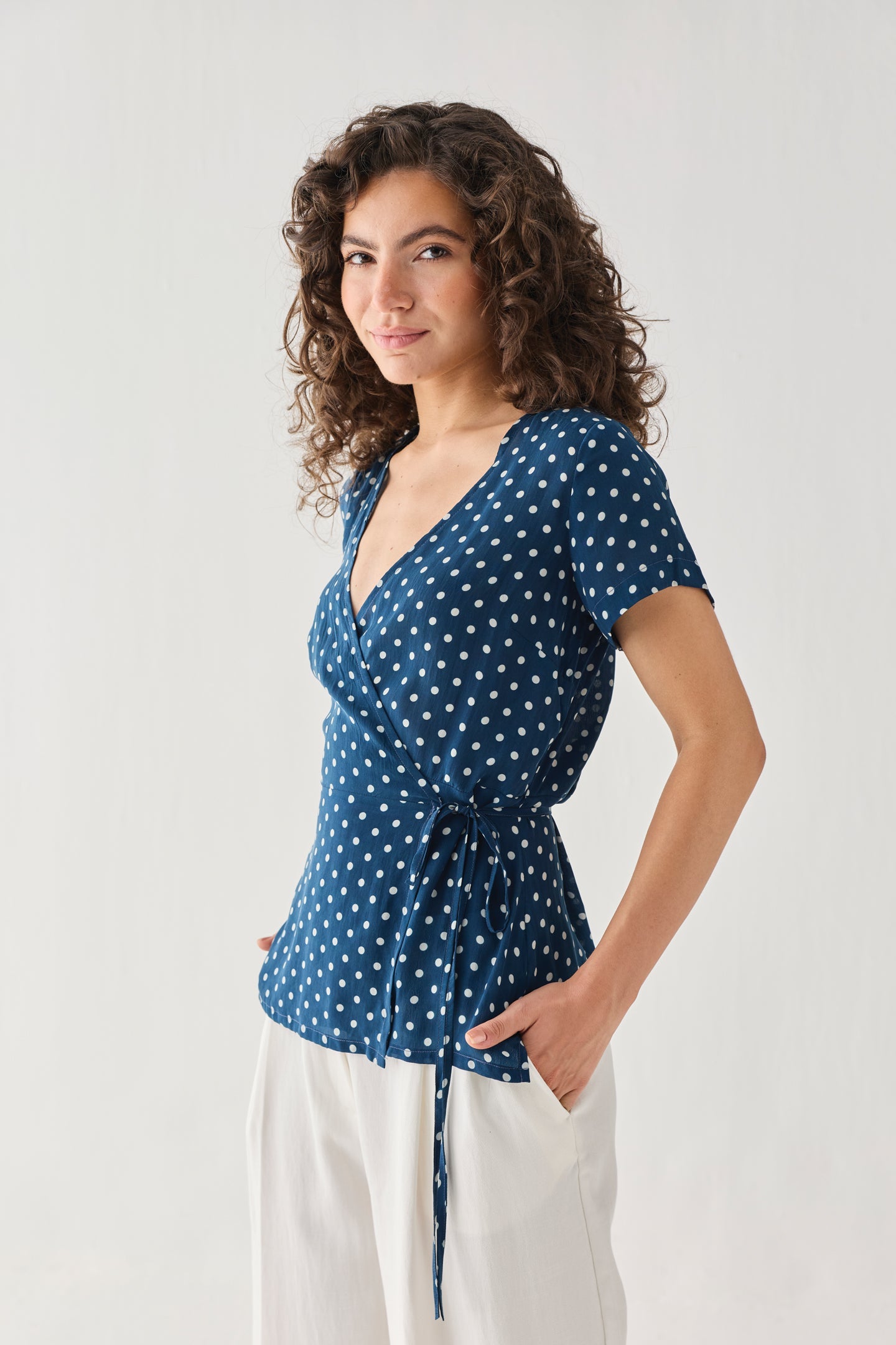 Wrap-Around Top in Navy Blue Polka
